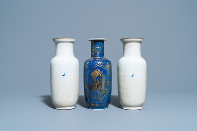 A pair of Chinese blue and white crackle-glazed rouleau vases and a gilt-decorated powder blue vase, 19th C.