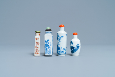 Four Chinese blue and white and iron-red snuff bottles, 19/20th C.