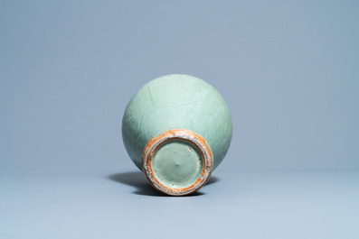 Een Chinese Longquan celadon 'meiping' vaas met reli&euml;fdecor van 'Drie vrienden van de winter', Ming