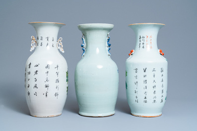 Five Chinese qianjiang cai, famille rose and celadon vases, 19/20th C.