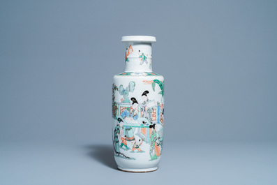 A Chinese famille verte rouleau vase, 19th C.