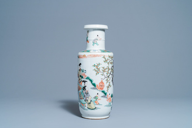 A Chinese famille verte rouleau vase, 19th C.
