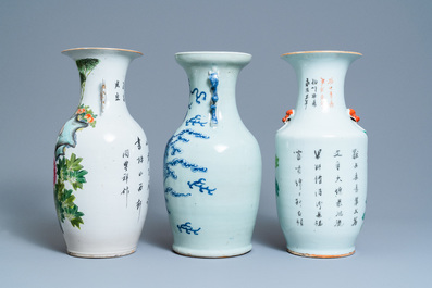 Five Chinese qianjiang cai, famille rose and celadon vases, 19/20th C.