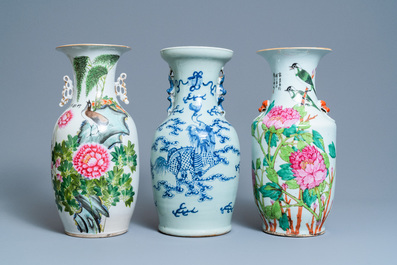 Five Chinese qianjiang cai, famille rose and celadon vases, 19/20th C.