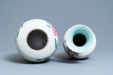 Five Chinese qianjiang cai, famille rose and celadon vases, 19/20th C.