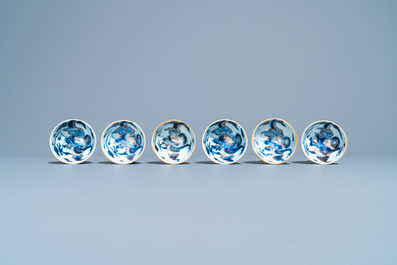 Six Chinese doucai 'dragon' cups and saucers, Kangxi