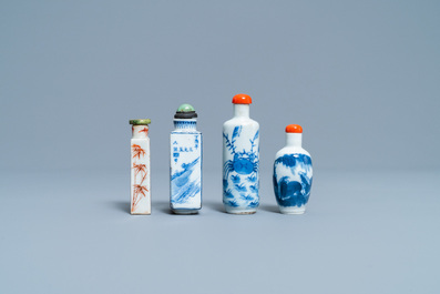 Four Chinese blue and white and iron-red snuff bottles, 19/20th C.