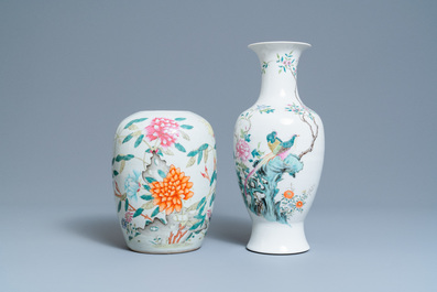 Five Chinese qianjiang cai, famille rose and celadon vases, 19/20th C.