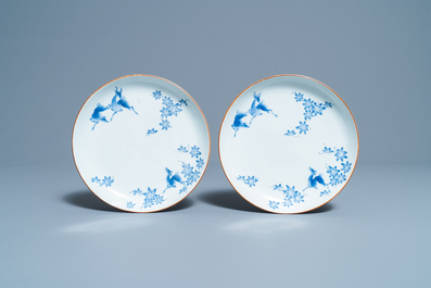 A pair of Japanese Arita blue and white Kakiemon-style 'deer' plates, Edo, 17/18th C.