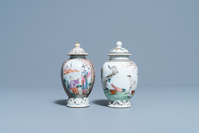 Two Chinese famille rose tea caddies and covers, Yongzheng/Qianlong