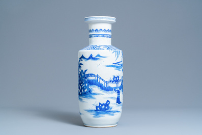 A Chinese blue and white rouleau vase, Kangxi mark, 19/20th C.