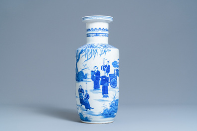 A Chinese blue and white rouleau vase, Kangxi mark, 19/20th C.