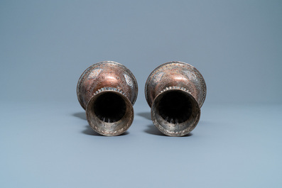 A pair of Tibetan silvered copper alloy altar bowls, 19/20th C.