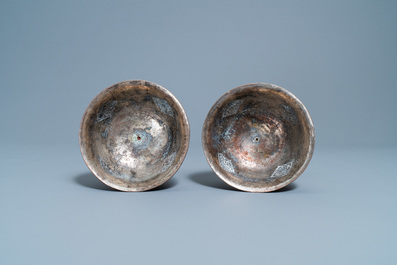 A pair of Tibetan silvered copper alloy altar bowls, 19/20th C.