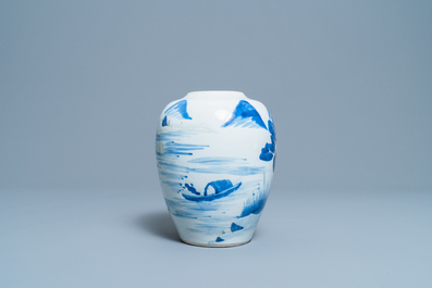 Een Chinese blauw-witte, koperrode en celadon vaas met landschapsdecor, Kangxi