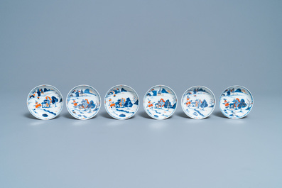 Four Chinese Imari-style plates, a large teapot and six cups and saucers, Kangxi/Qianlong