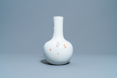 A Chinese famille rose bottle vase with quails, Qianlong mark, 19th C.