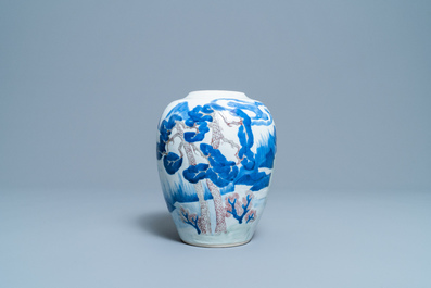 Een Chinese blauw-witte, koperrode en celadon vaas met landschapsdecor, Kangxi