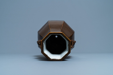 A Chinese monochrome brown-glazed octagonal 'deer head' vase, Qianlong mark and period