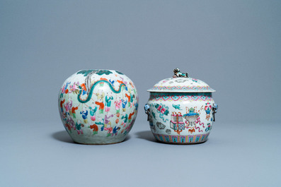 A Chinese famille rose jar, a kamcheng and a footed bowl, 19th C.
