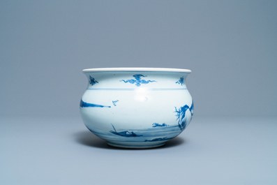 A Chinese blue and white censer with a mountainous landscape, Kangxi