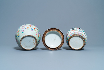 A Chinese famille rose jar, a kamcheng and a footed bowl, 19th C.