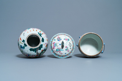 A Chinese famille rose jar, a kamcheng and a footed bowl, 19th C.