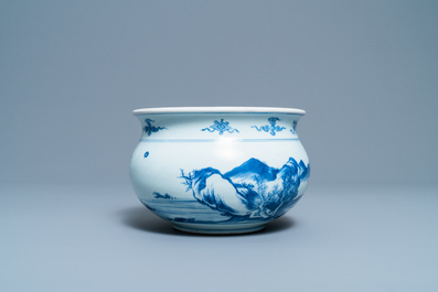 A Chinese blue and white censer with a mountainous landscape, Kangxi