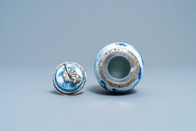 A Chinese blue and white tea caddy with Dutch silver mounts, Kangxi
