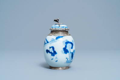 A Chinese blue and white tea caddy with Dutch silver mounts, Kangxi