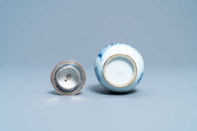 A Chinese blue and white tea caddy with Dutch silver mounts, Kangxi