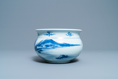 A Chinese blue and white censer with a mountainous landscape, Kangxi