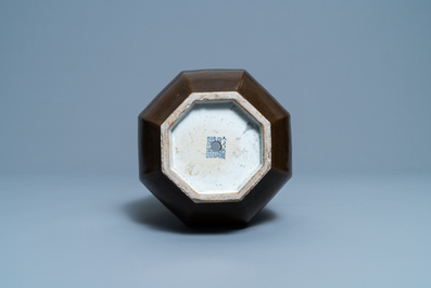 A Chinese monochrome brown-glazed octagonal 'deer head' vase, Qianlong mark and period