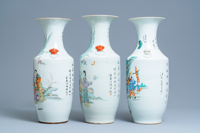 Three Chinese famille rose and qianjiang cai vases, 19/20th C.