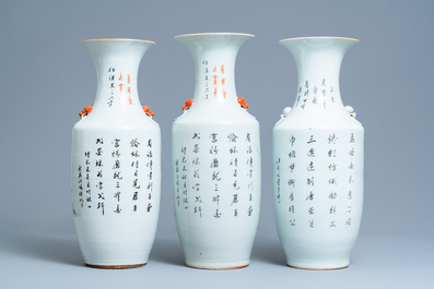 Three Chinese famille rose and qianjiang cai vases, 19/20th C.