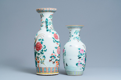 A pair of Chinese famille rose relief-molded vases and two with phoenixes, 19th C.