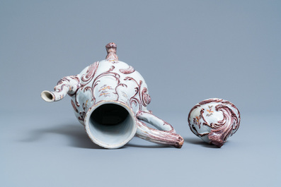 A tall polychrome Dutch Delft coffee pot and cover, 18th C.