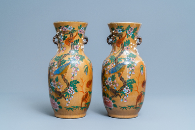 A pair of Chinese famille rose relief-molded vases and two with phoenixes, 19th C.
