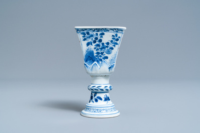 A rare Chinese blue and white tapered square quadrangular stem cup, Kangxi