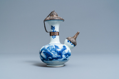 A Chinese silver-mounted blue and white kendi, Kangxi