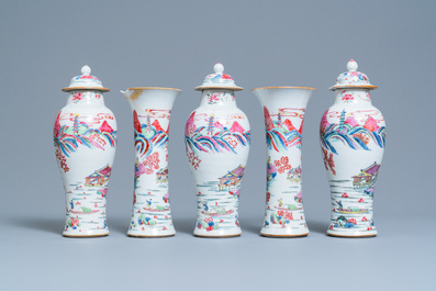 A Chinese famille rose garniture of five vases, Yongzheng
