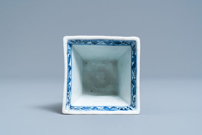 A rare Chinese blue and white tapered square quadrangular stem cup, Kangxi