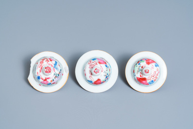 A Chinese famille rose garniture of five vases, Yongzheng