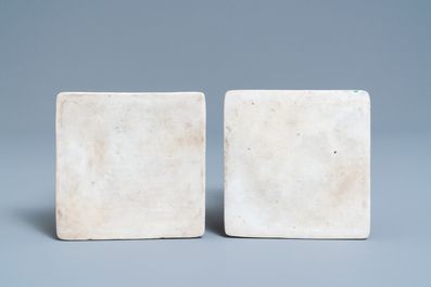 A pair of square Chinese famille verte plaques, Kangxi