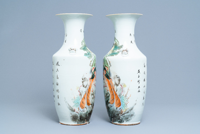 Two pairs of Chinese qianjiang cai vases with birds, 19/20th C.