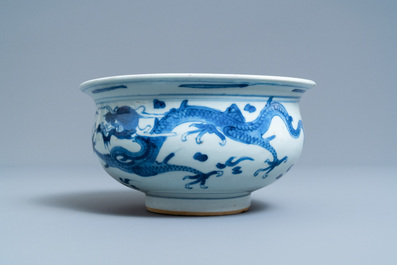 A Chinese blue and white 'dragon' censer, Kangxi