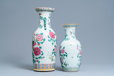 A pair of Chinese famille rose relief-molded vases and two with phoenixes, 19th C.
