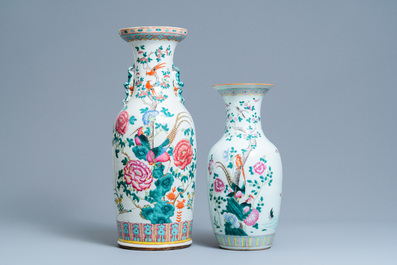 A pair of Chinese famille rose relief-molded vases and two with phoenixes, 19th C.