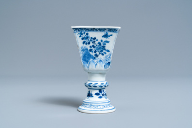 A rare Chinese blue and white tapered square quadrangular stem cup, Kangxi