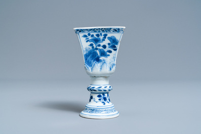 A rare Chinese blue and white tapered square quadrangular stem cup, Kangxi